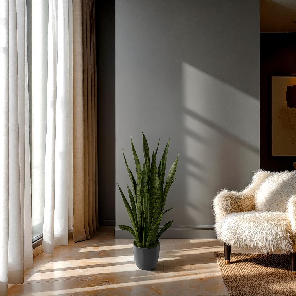 A 3ft faux snake plant in a gray pot placed on a floor near a window with curtains, with a white chair and a framed picture in the background.