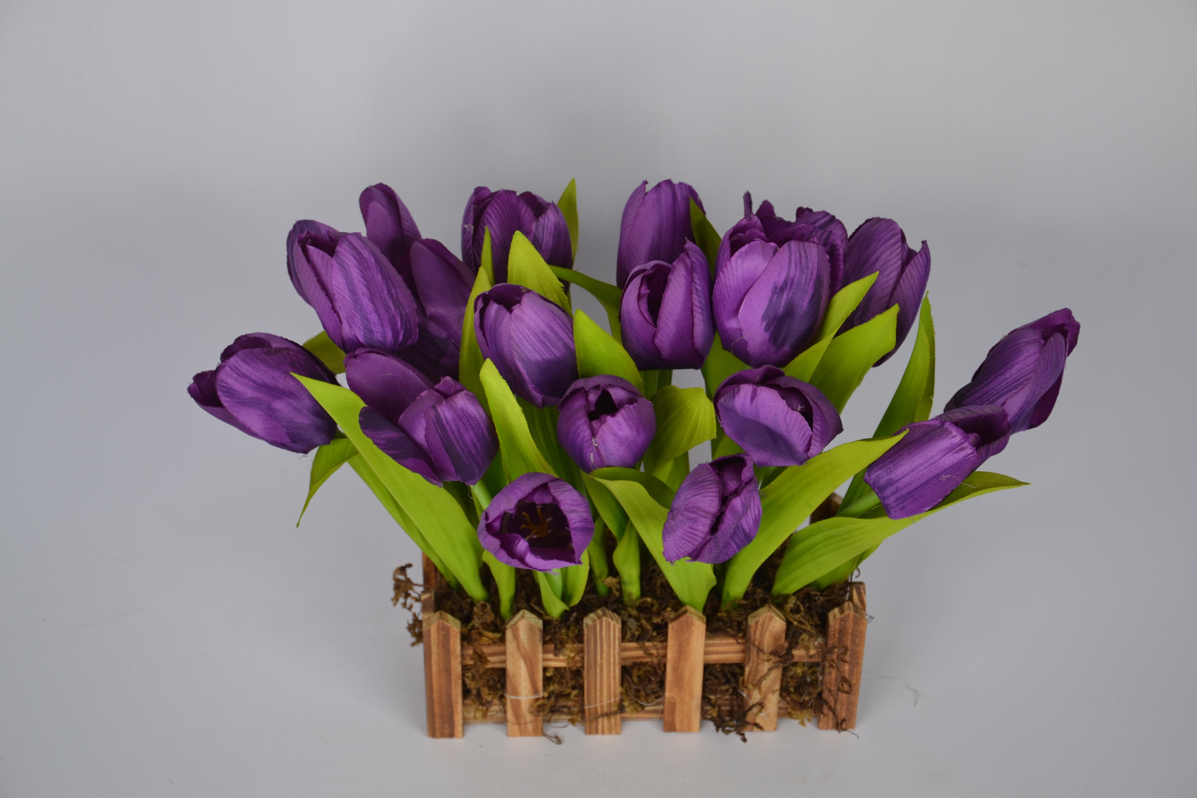 Compact faux purple tulip bouquet for tabletop décor – 10 inches tall