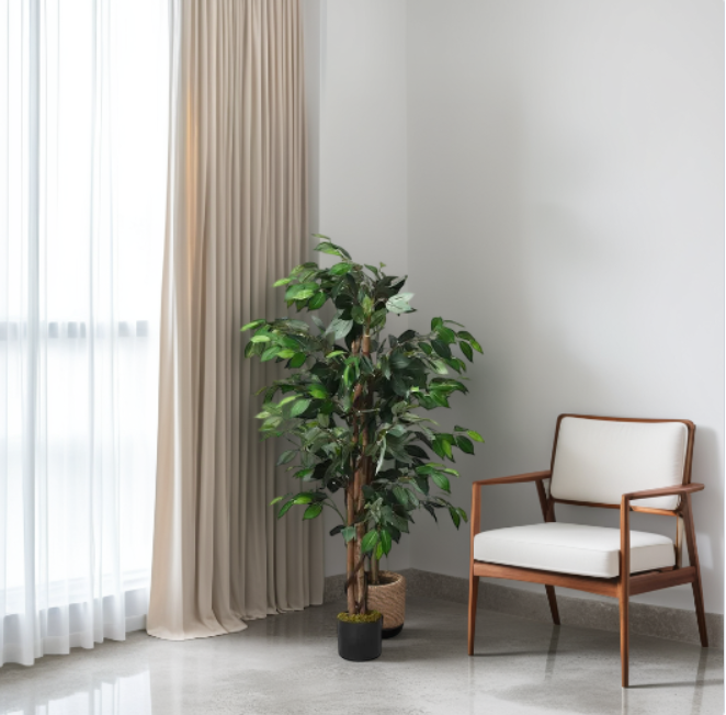 Modern chair with white cushion next to a potted plant in a room with light gray walls and white curtains.