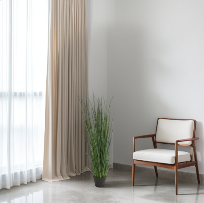 Modern chair with white cushion next to a curtain and plant in a minimalistic room.