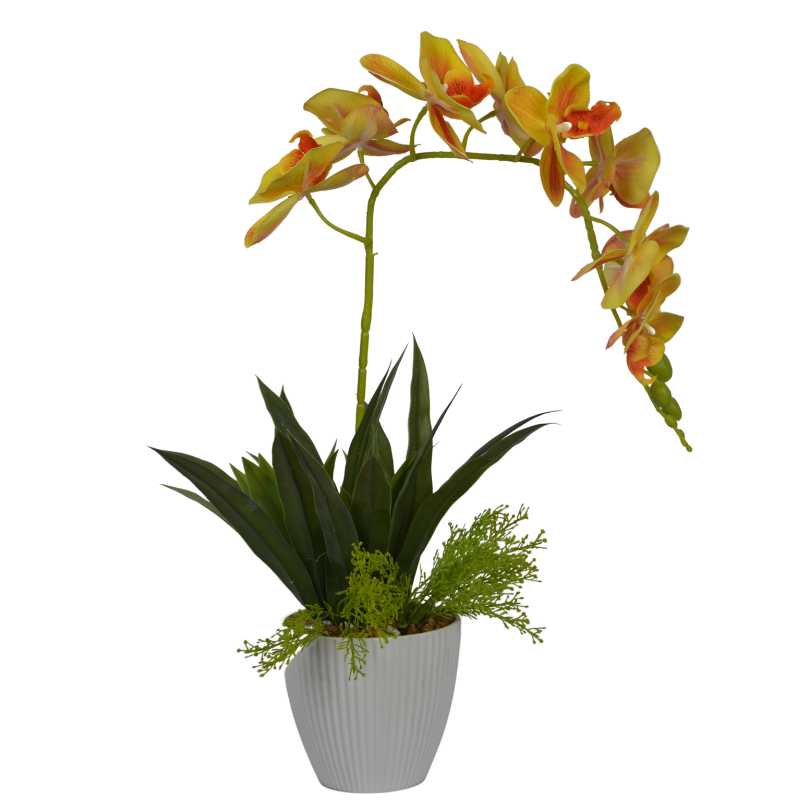 2 Ft Artificial Orchid & Yucca Arrangement – Elegant White Blooms with Lush Green Foliage in Decorative Pot for Home & Office Décor