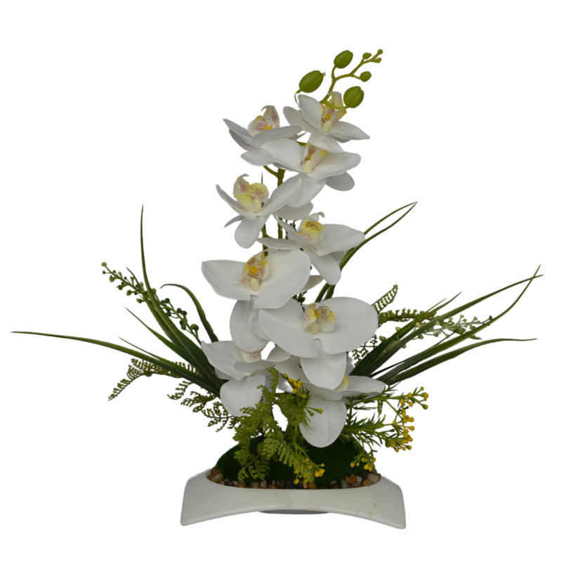 1 Ft Artificial Orchid Arrangement – Elegant White Faux Blooms with Decorative Pot for Home, Office & Tabletop Décor