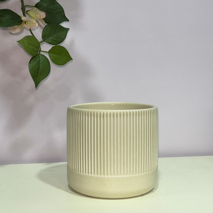 Beige ribbed ceramic pot on a light surface with a blurred green plant in the corner.