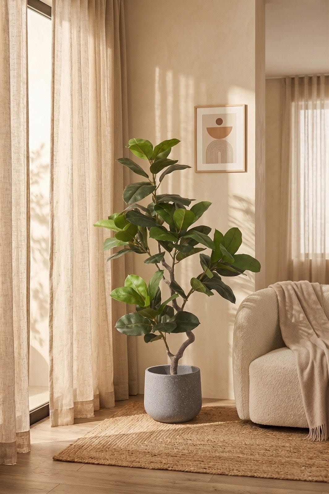 Potted plant in a living room with a neutral color scheme