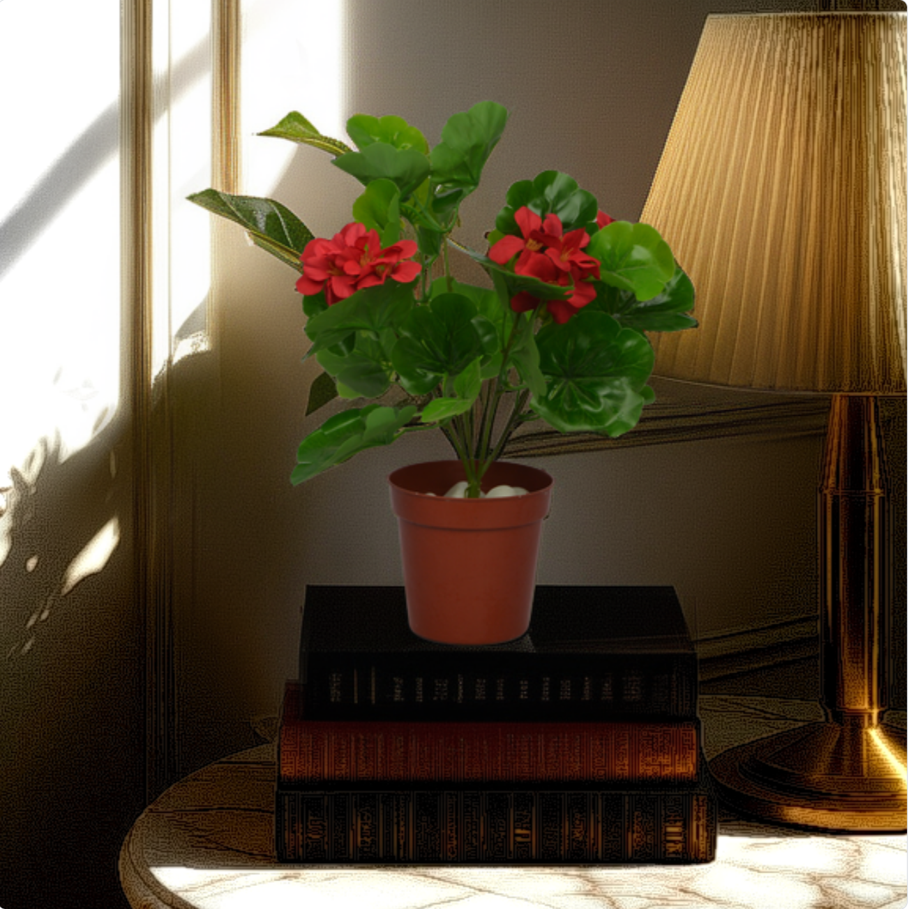 An artificial geranium plant in a brown pot, placed on a stack of books beside a lamp, with a realistic appearance.