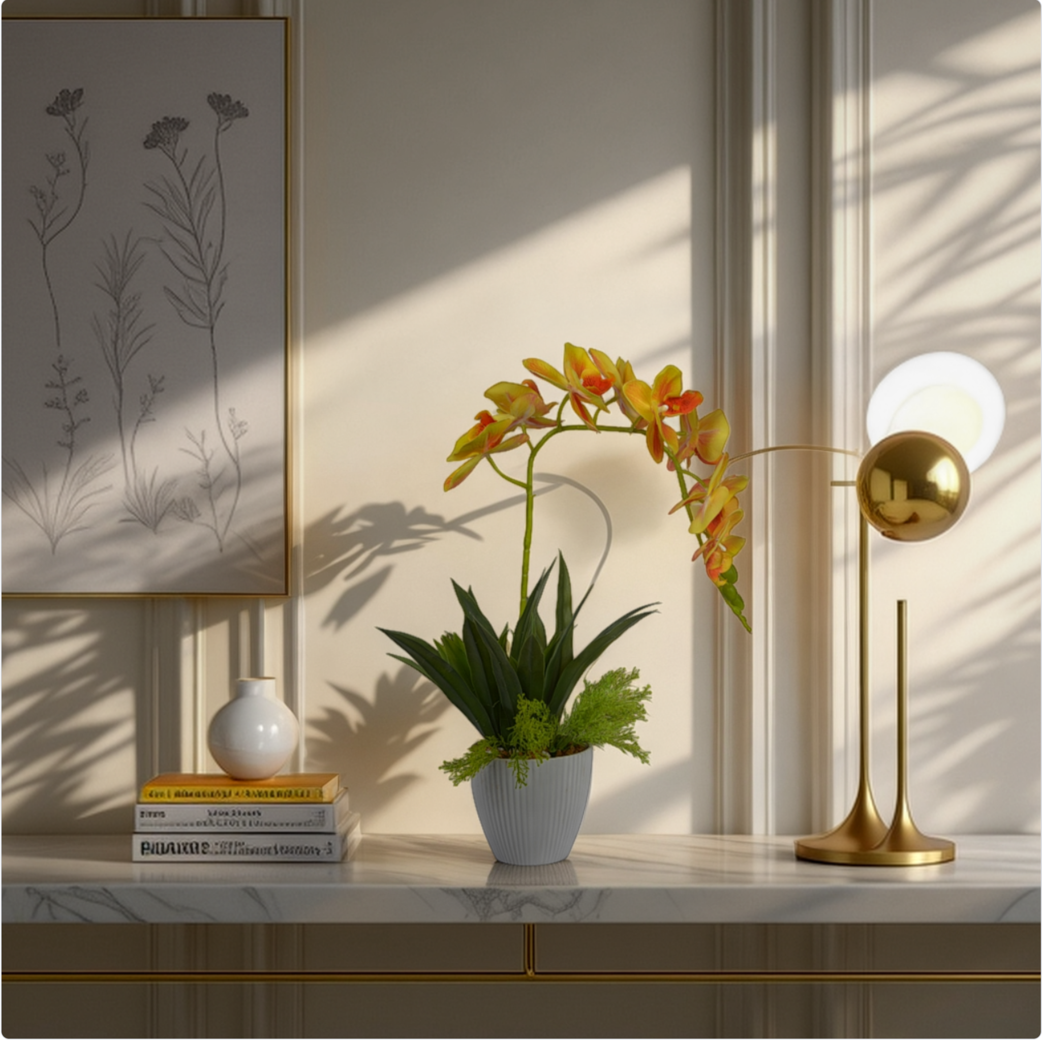 2 Ft Artificial Orchid & Yucca Arrangement – Elegant White Blooms with Lush Green Foliage in Decorative Pot for Home & Office Décor