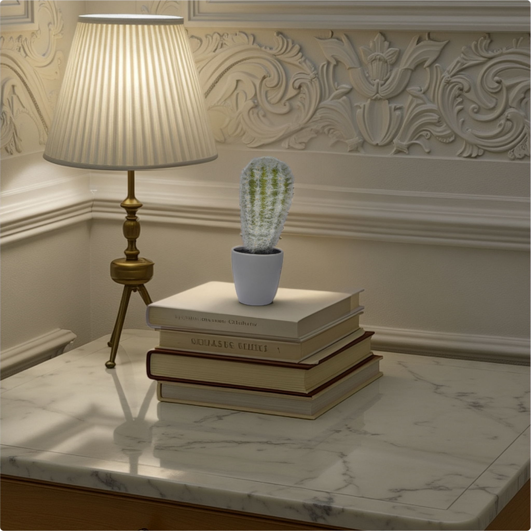 Decorative setup with a lamp, books, and a light bulb on a marble surface.