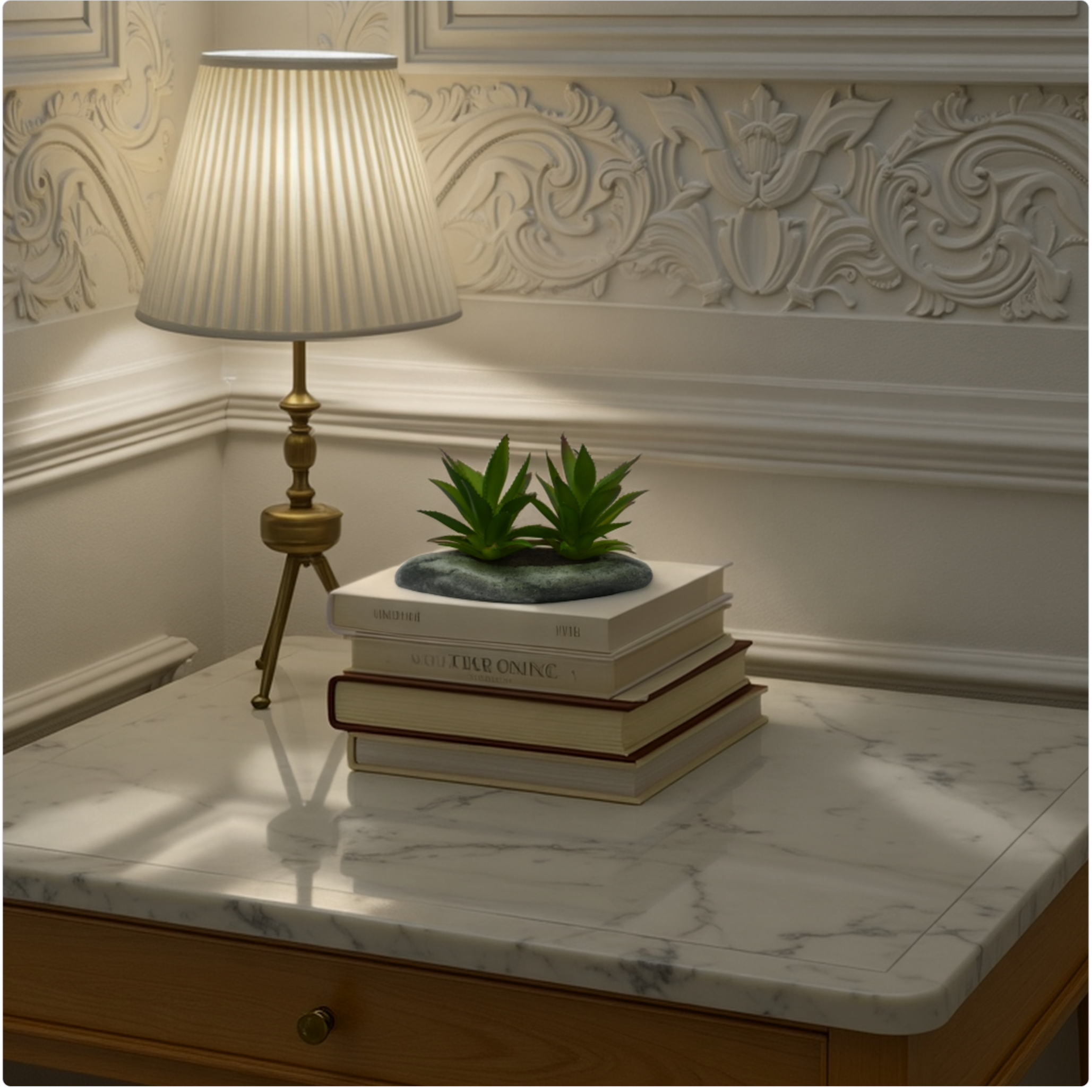 Decorative setup with a lamp, books, and plant on a marble surface.