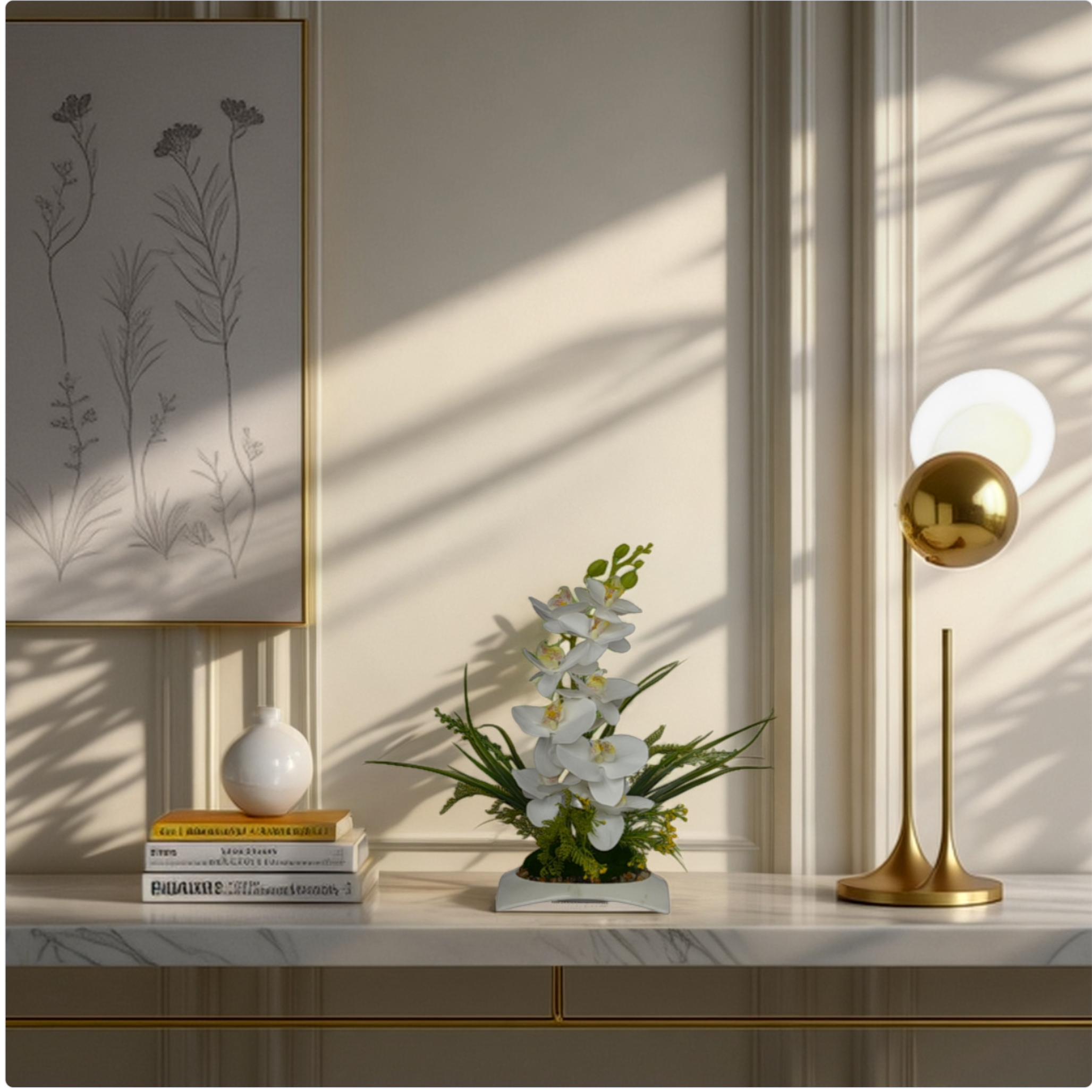 1 Ft Artificial Orchid Arrangement – Elegant White Faux Blooms with Decorative Pot for Home, Office & Tabletop Décor