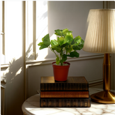 An artificial green begonia bush in a red pot placed on a stack of books, next to a lamp, on a white surface, with sunlight filtering in from a window.