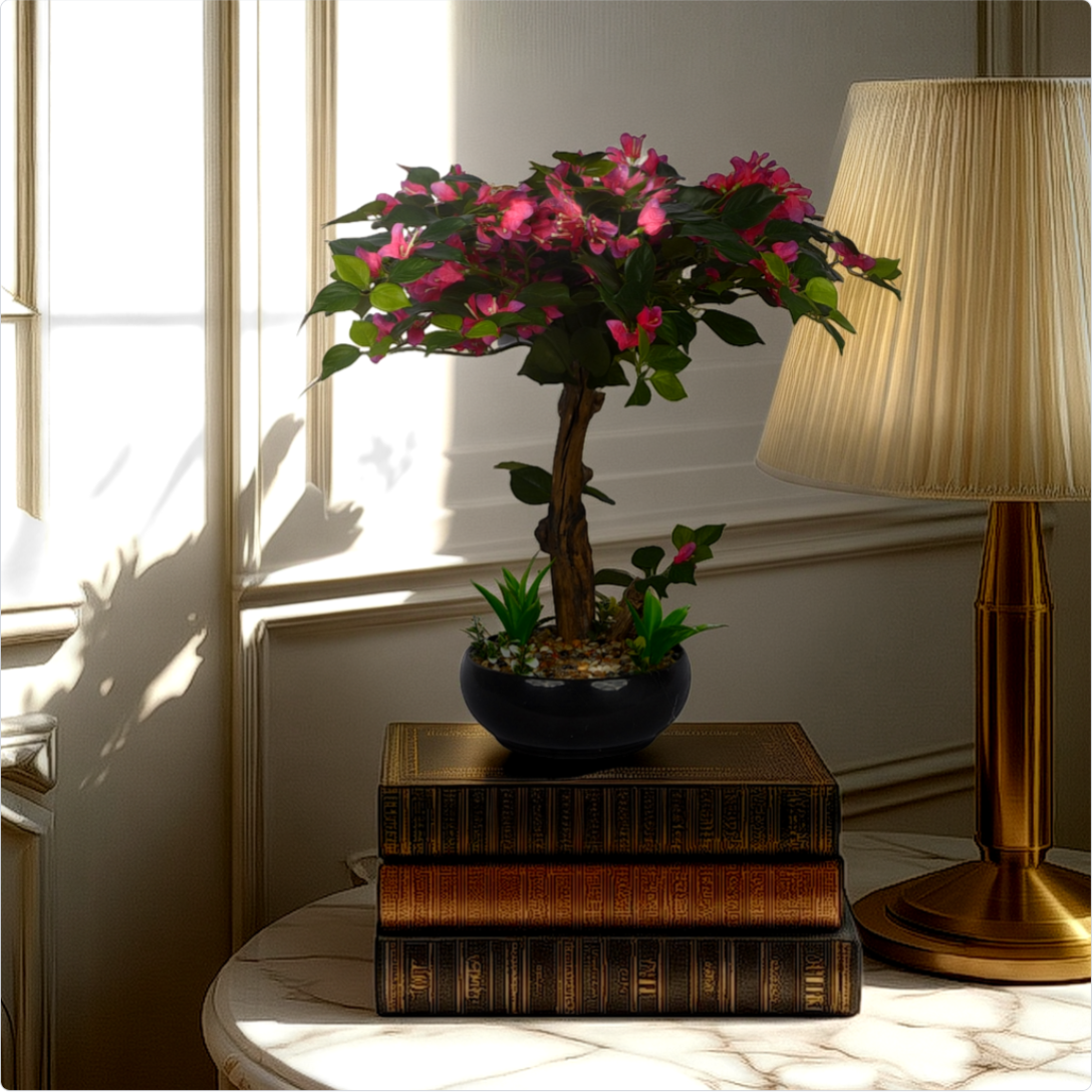Room interior with a lamp, books, and a flower arrangement on a table.