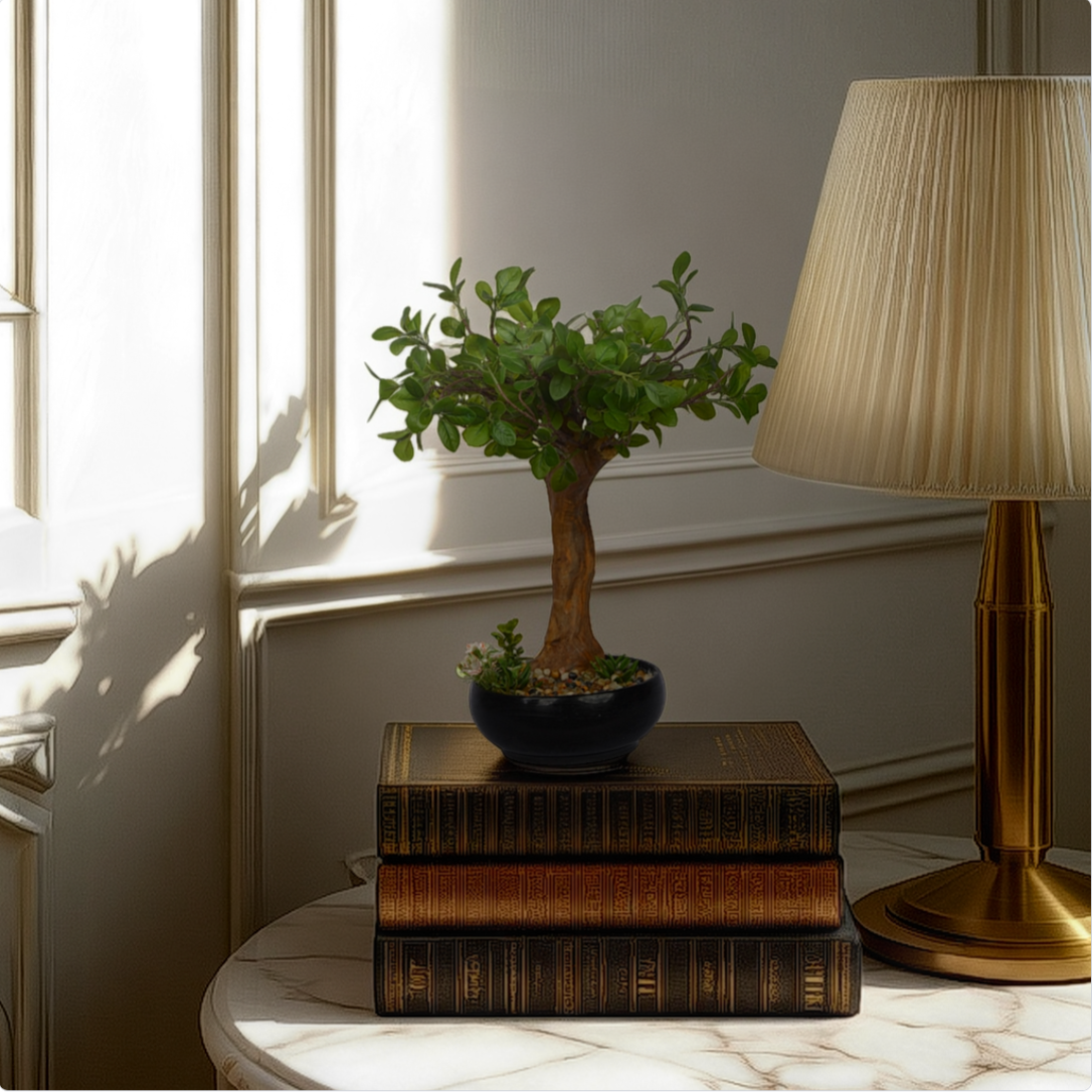 Decorative setup with a plant on books next to a lamp in a room.