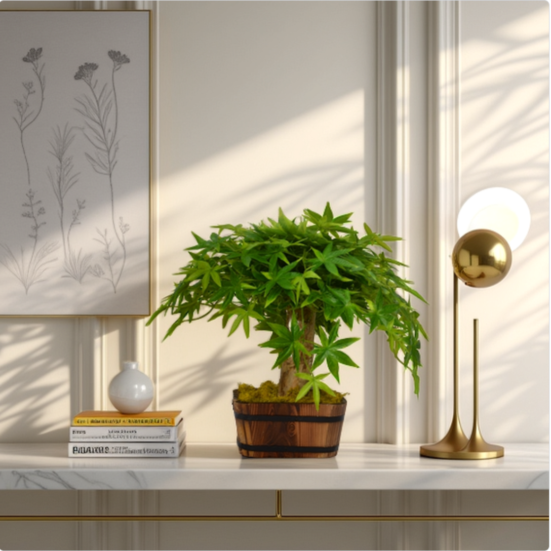 Product replacement tool interface with a plant on a shelf in a room setting