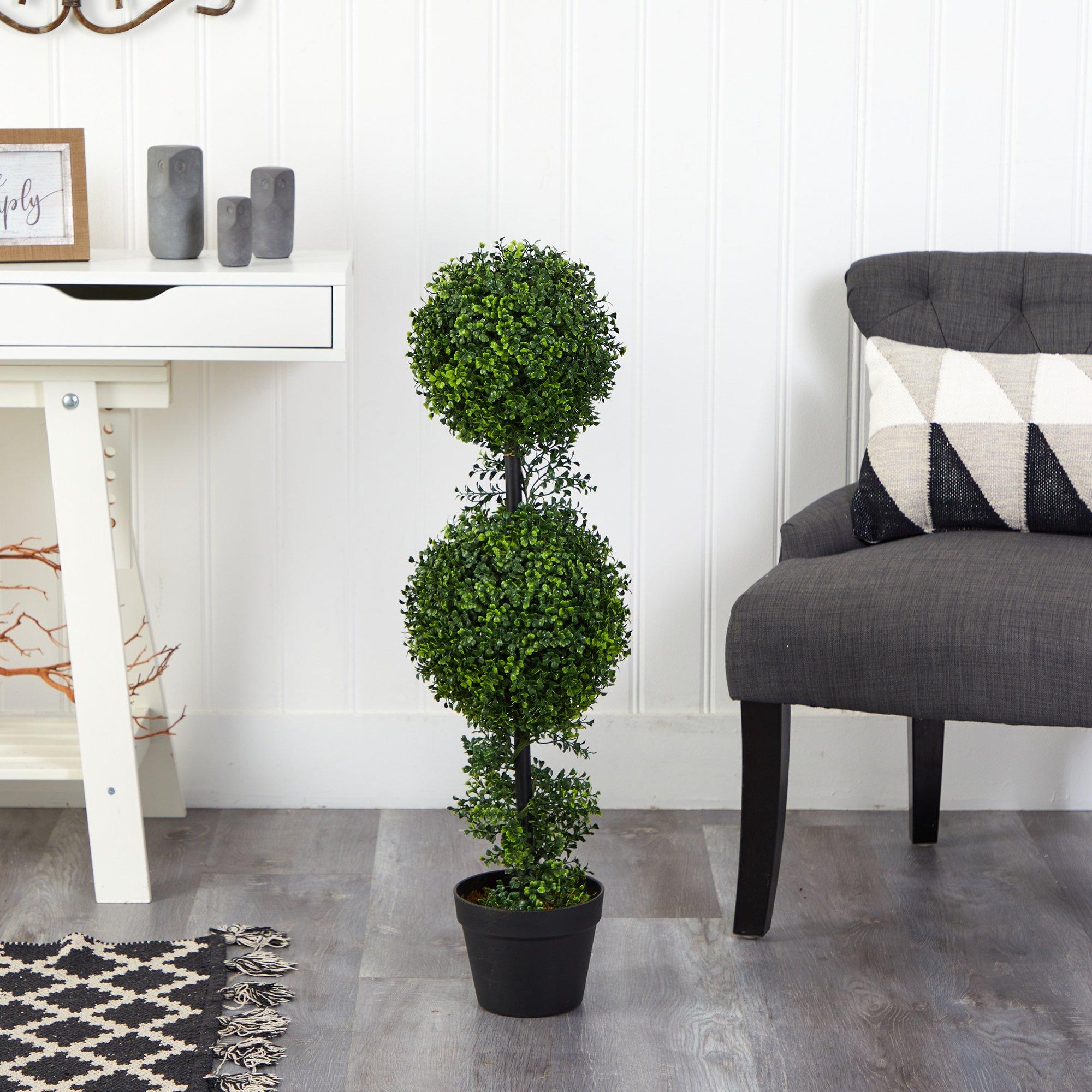 3 Ft Artificial Boxwood Double Ball Topiary – UV-Resistant Faux Tree with Decorative Pot for Indoor & Outdoor