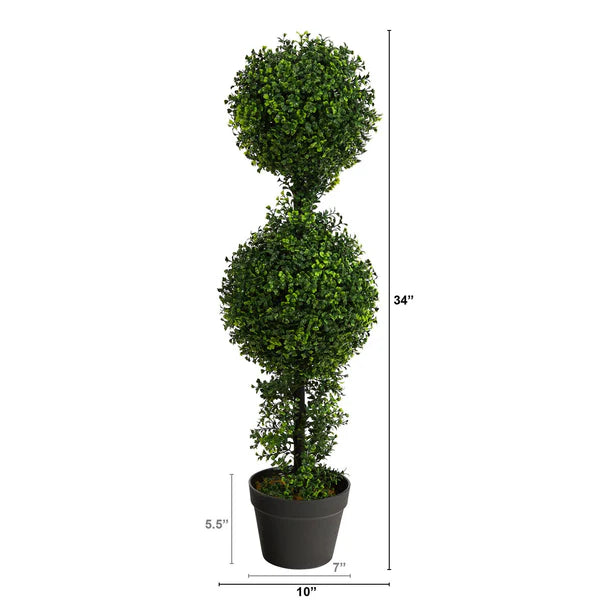 3 Ft Artificial Boxwood Double Ball Topiary – UV-Resistant Faux Tree with Decorative Pot for Indoor & Outdoor