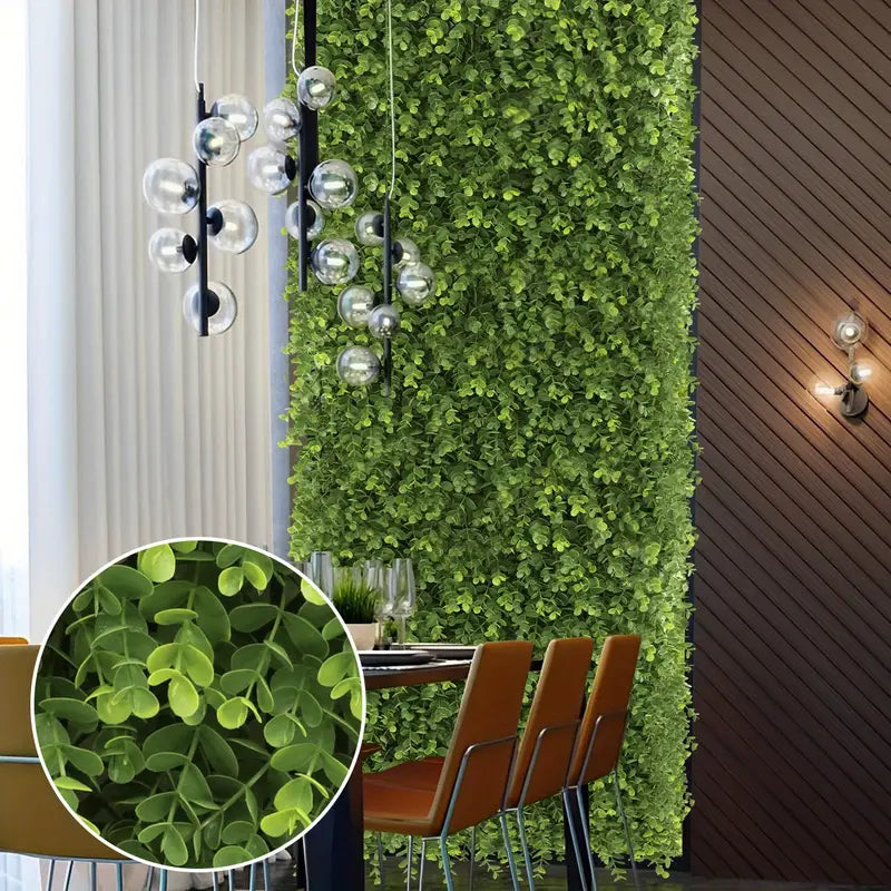 50x50 cm Artificial Eucalyptus Leaf Grass Mat – 60mm Faux Green Wall Panel for Patio, Playground, Lawn & Outdoor Event Décor