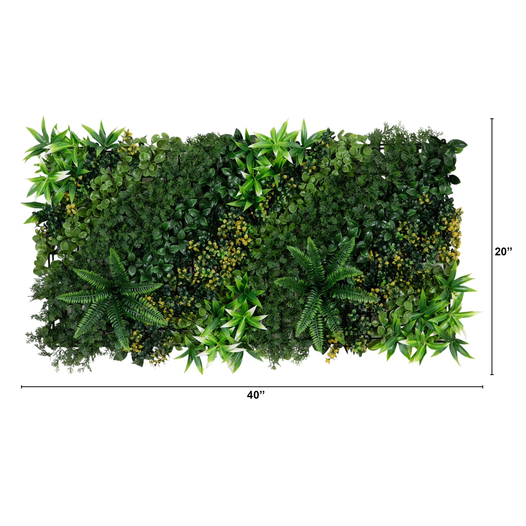 Artificial green wall panel with dimensions on a white background
