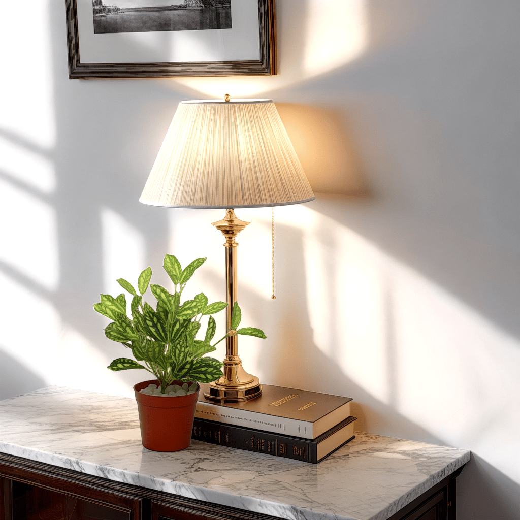 An artificial green plant without a pot, placed on a book next to a lamp, on a marble surface, with a framed picture hanging on the wall in the background.