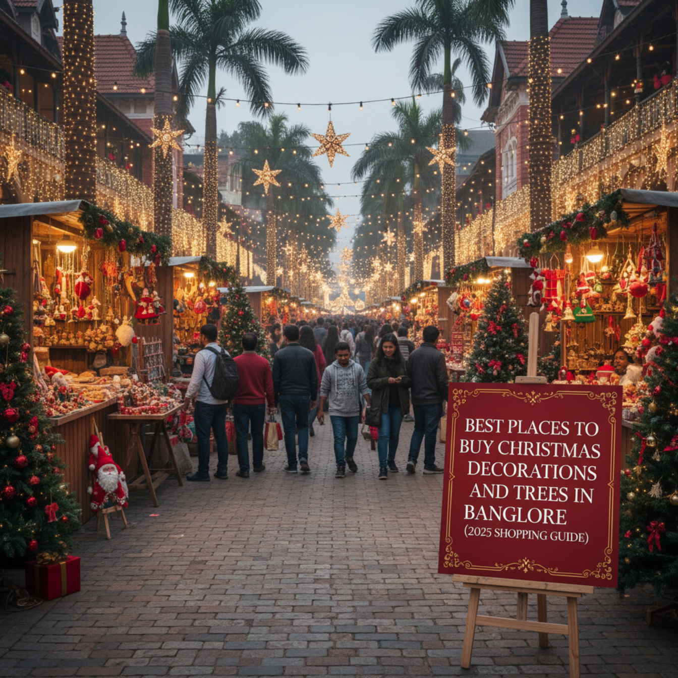 People walking through a beautifully decorated street in Bangalore during Christmas shopping, surrounded by festive lights, ornaments, and holiday stores.