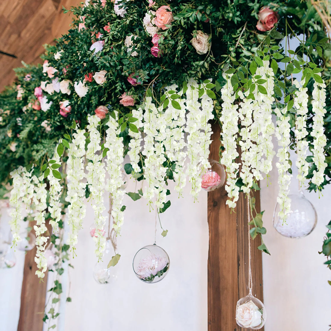 Scidweet 24 Pcs Artificial Wisteria Flowers – White Faux Hanging Vines for Wedding, Home, Garden &amp; Event