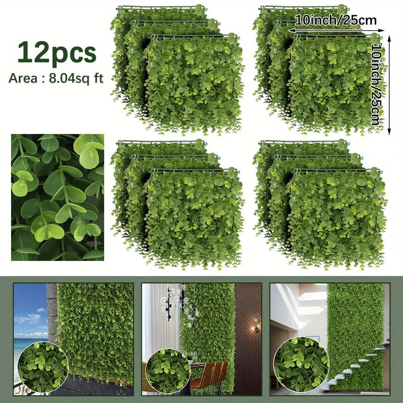 50x50 cm Artificial Eucalyptus Leaf Grass Mat – 60mm Faux Green Wall Panel for Patio, Playground, Lawn &amp; Outdoor Event Décor
