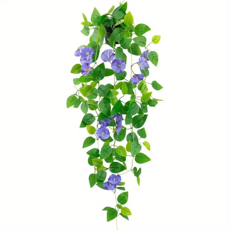 3.3 Ft Fake Morning Glory Hanging Plant with Black Pot – Blue Flowers &amp; Trailing Green Vines for Indoor Shelf, Wall, or Office
