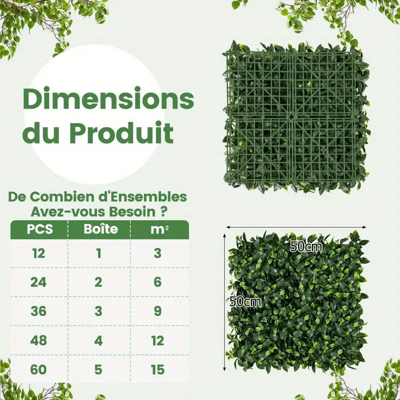 Artificial Hedge Plant Wall Panel – 50.5 x 50.5 cm UV-Protected Simulated Lawn with Pole Leaves | Faux Greenery for Wall Mounting &amp; Outdoor Décor