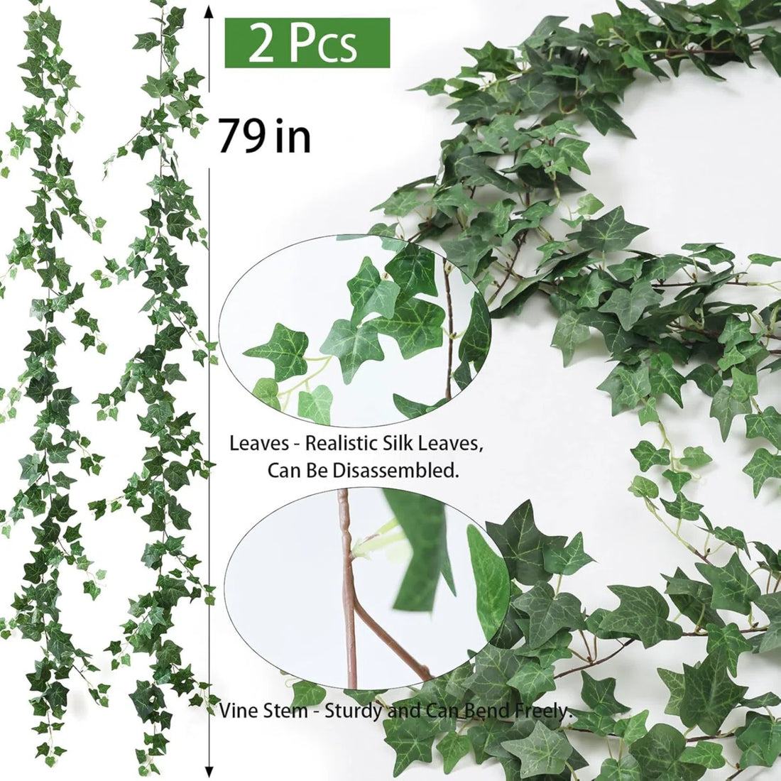 12 Ft Artificial Ivy Garland (2 Strands) – Faux Hanging Greenery Vines with Silk Leaves for Wall, Wedding, Party &amp; Home