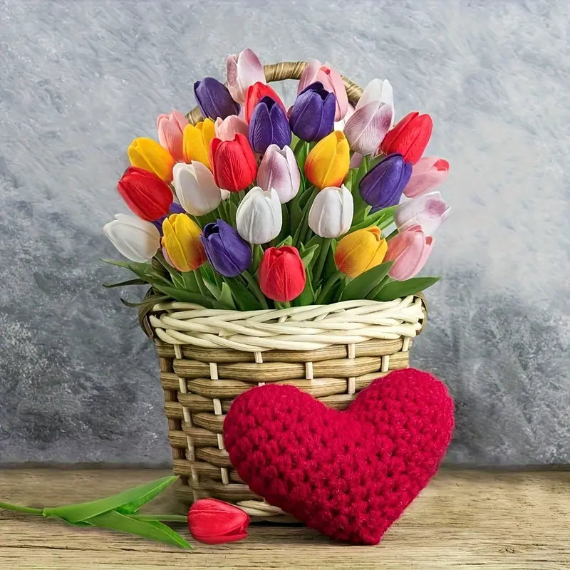 Basket of colorful tulips with a red heart on a wooden surface and gray background