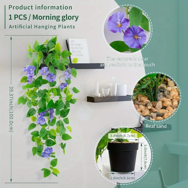 3.3 Ft Fake Morning Glory Hanging Plant with Black Pot – Blue Flowers &amp; Trailing Green Vines for Indoor Shelf, Wall, or Office