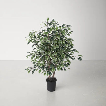 Elegant faux ficus tree with lush green leaves and subtle white accents, ideal for home or office decoration