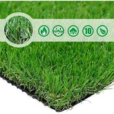 Artificial grass with a close-up inset and green certification icons.