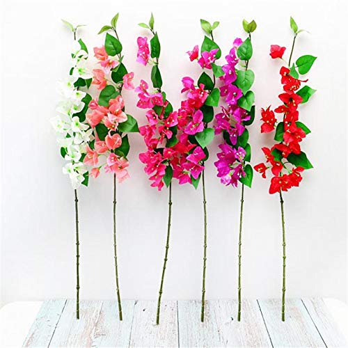 Set of artificial bougainvillea flowers in white, pink, red, and purple on a white background.