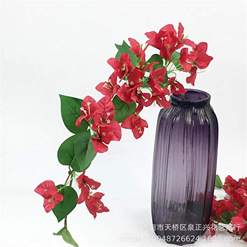 Purple vase with red bougainvillea  flowers on a white background