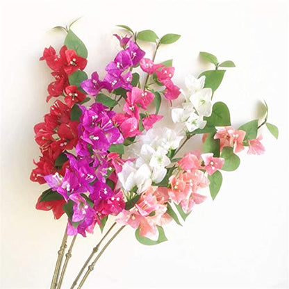 Artificial bougainvillea flowers in red, pink, and white on a white background