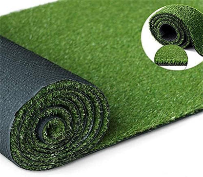 Roll of green artificial grass with a close-up inset showing texture details.
