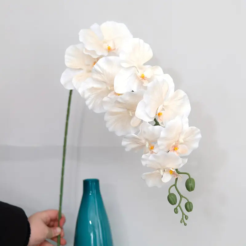 White orchid flower arrangement held by a hand with a teal vase on a light gray background