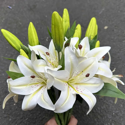 Bouquet of white lilies with green buds on a dark background