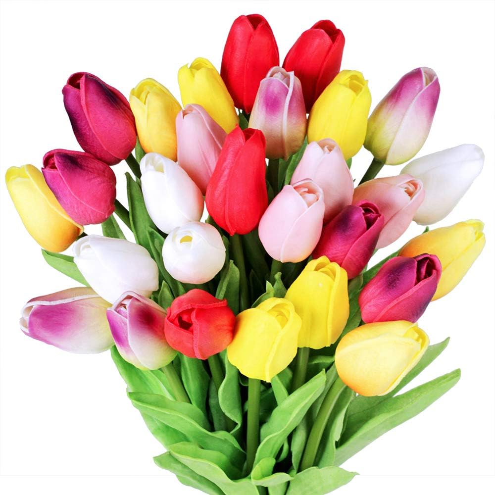 Bouquet of colorful tulips on a white background