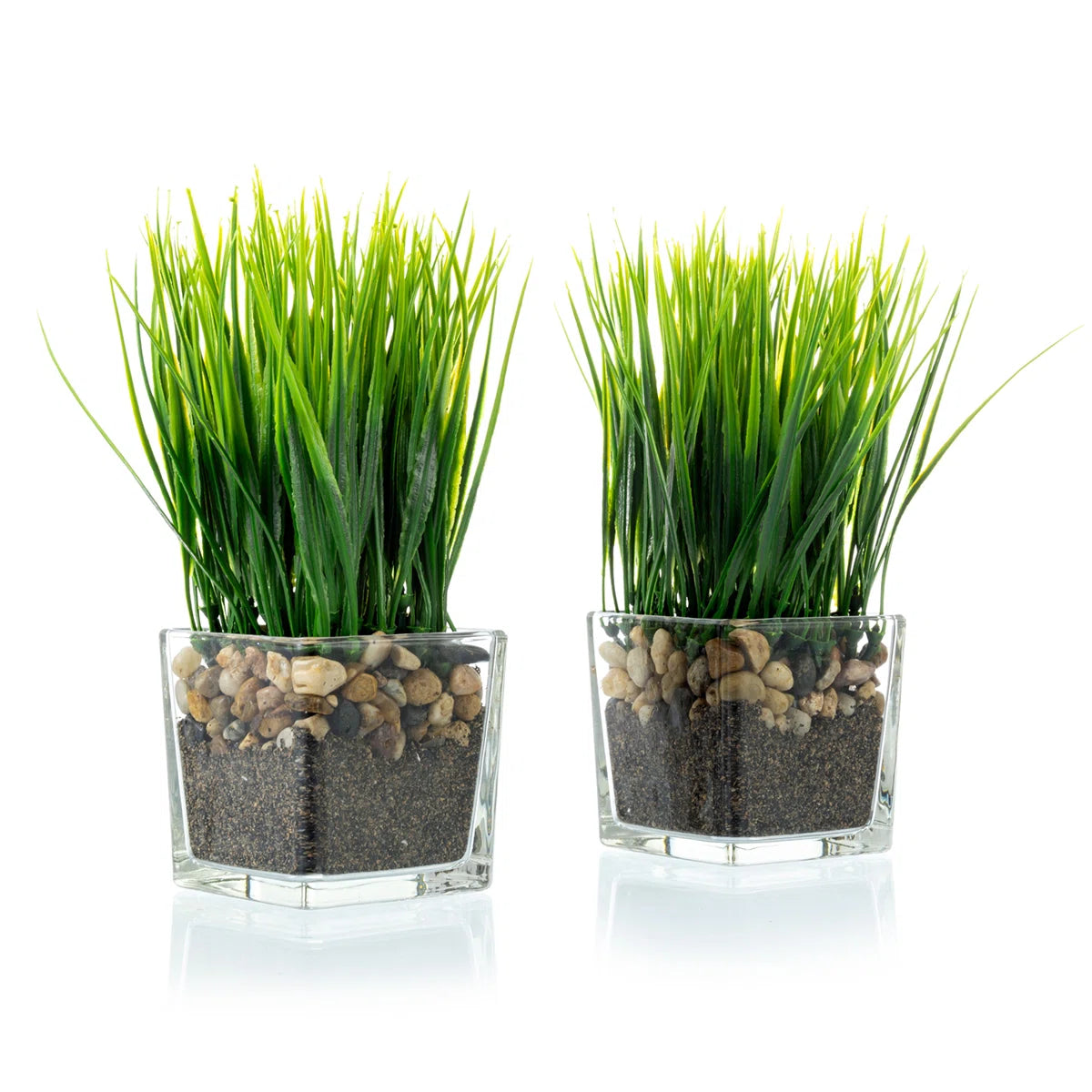 7 In. Faux Onion Grass in Glass Vase (Set of 2) – Artificial Greenery Décor for Home, Office &amp; Tabletop Displays