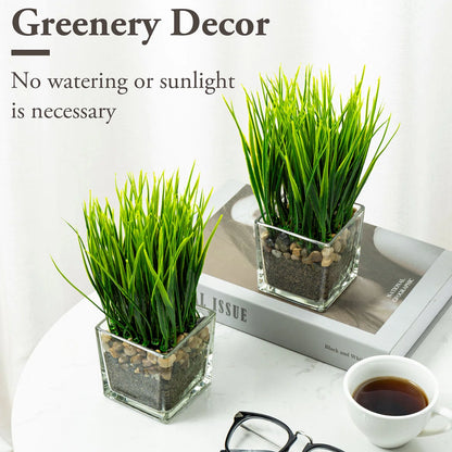 7 In. Faux Onion Grass in Glass Vase (Set of 2) – Artificial Greenery Décor for Home, Office &amp; Tabletop Displays