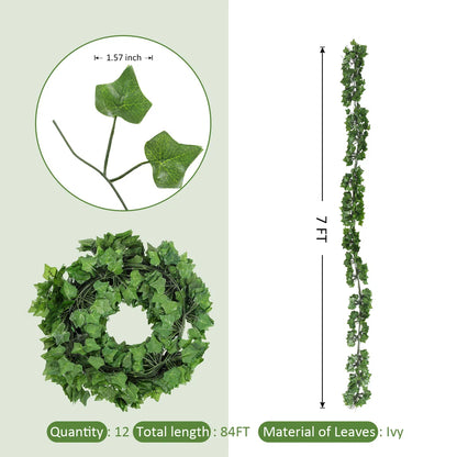 5.8 Ft Artificial Ivy Garland (Set of 12) – Lush Green Faux Hanging Vines for Wall Decor, Bedroom &amp; Party Backdrops