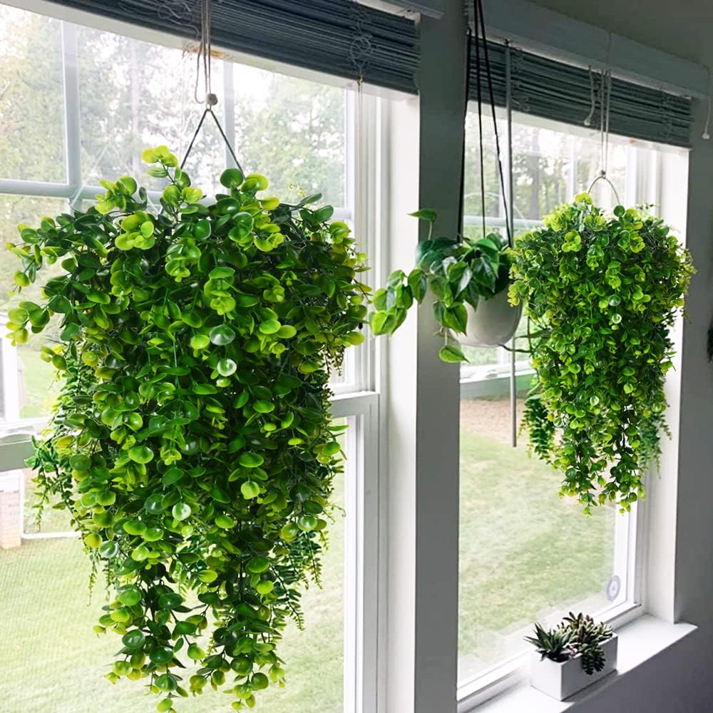 2 Pcs Artificial Hanging Eucalyptus Plants – UV Resistant Faux Greenery Vines for Outdoor &amp; Indoor