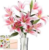 Bouquet of pink lilies in a clear vase with a decorative card and envelope on a white background