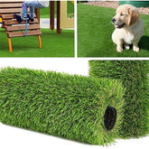 Collage of artificial grass used in various settings including a playground, a dog on grass, and a roll of artificial grass.