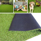Green artificial grass with a close-up of the texture, used by children and a dog.