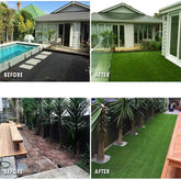 Before and after transformation of a backyard with artificial grass and landscaping.
