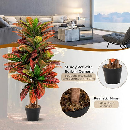 3 Ft Artificial Croton Palm Tree – Vibrant Fake Plant with Variegated Leaves for Home &amp; Office – ideal for indoor botanical themes