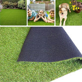 Collage of artificial grass with people and a dog, followed by a close-up of the grass and a black mat.