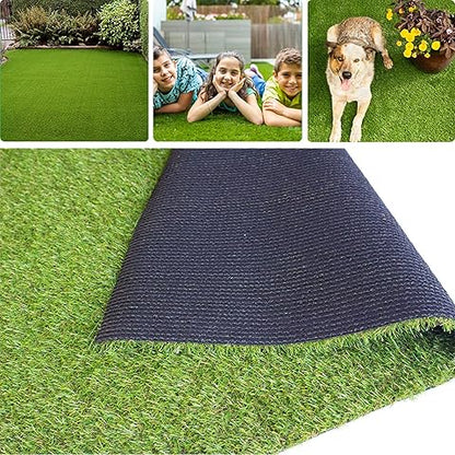 Collage of artificial grass with people and a dog, followed by a close-up of the grass and a black mat.